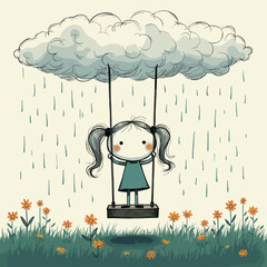 Girl swinging under a rain cloud with flowers in the grass. Doodle drawing in the style.   