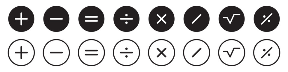 Basic mathematical icon set. Math and Calculator icon set. Plus Equals and minus division symbol icon set. vector illustration.