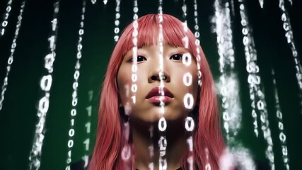Young Asian woman with pink hair surrounded by falling binary code representing digital data artificial intelligence and the future of technology and cybersecurity. - Powered by Adobe