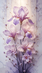 Elegant Purple Iris Flowers with Golden Accents on Marble.