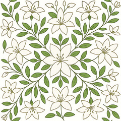 Elegant seamless pattern with white flowers and green leaves.