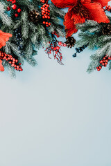 Christmas top border with poinsettia, frosted pine, pinecones and berries on light blue background....