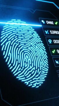 Seamless 4K vertical fingerprint scan with a clean HUD sweep. Brand‑safe biometric visual with copy space for app intros, stories, and motion graphics.
