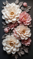 Elegant threedimensional sculpted pink and white peony flowers on a dark background.