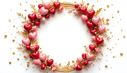 Elegant Day wreath with red and pink hearts and golden leaves.