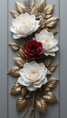 Elegant threedimensional roses with golden leaves on a gray background.