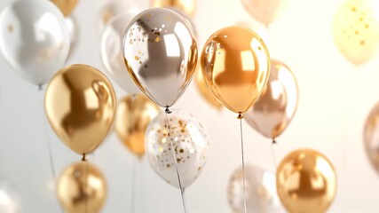 A cluster of balloons, featuring gold and silver balloons, floats against a soft backdrop. These gold and silver balloons set a joyful tone for festive celebrations.