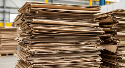 Fototapeta premium Pile of flattened cardboard boxes stacked in warehouse environment. Flattened cardboard boxes are neatly arranged and stored for recycling or shipping purposes.