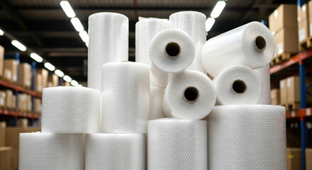 Stack of bubble wrap rolls in warehouse storage environment showcasing multiple layers of protective material. Bubble wrap enhances safety for shipping items in warehouse settings.