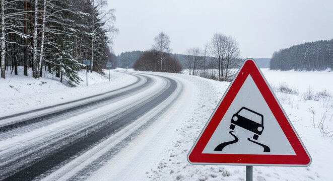 Icy road warning sign near snowy curve with trees lining the pathway, emphasizing the danger of slippery conditions on winter roads.