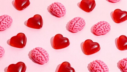 Sweet Hearts and Brains Gummy Candies Hearth mind concept, love concept