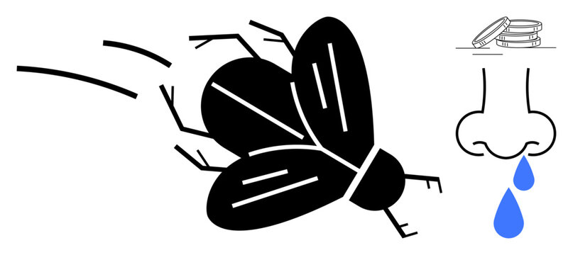 Fly in motion near nose with sneezing and dripping blue drop, symbolizing health, allergies, hygiene, discomfort, nuisance, and sanitation. Ideal for healthcare, allergy awareness pest control - Powered by Adobe