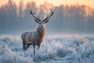 Naklejka premium Majestic Stag Stands Tall in Frosty Meadow at Sunrise Highlighting Natures Beauty and Tranquility