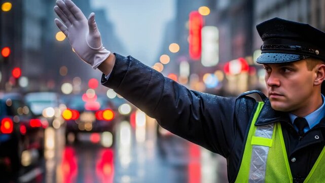 Male police officer directing traffic in city creating safe road travel at night footage