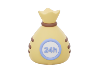 A 3D rendered yellow money bag icon with a blue and white 24 hour service symbol on a transparent background representing round the clock financial assistance and availability