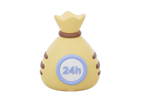 A 3D rendered yellow money bag icon with a blue and white 24 hour service symbol on a transparent background representing round the clock financial assistance and availability