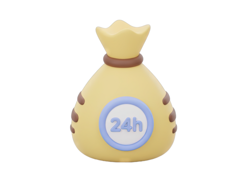 A 3D rendered yellow money bag icon with a blue and white 24 hour service symbol on a transparent background representing round the clock financial assistance and availability