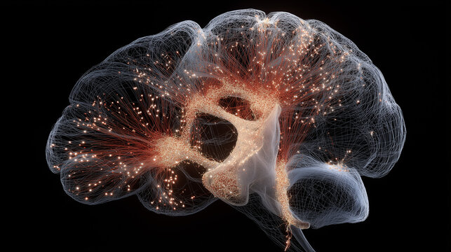 A PTSD visualization showing a hyperactive amygdala in a wireframe brain scan, constantly sending fear signals.
