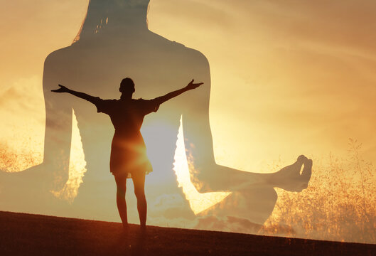 Double-exposure image of a woman meditating with another silhouette standing with open arms at sunset. Represents inner peace, mindfulness, spiritual balance, and emotional harmony.
