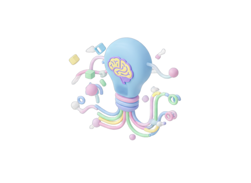 3D Pastel Lightbulb Icon With Brain Inside and Colorful Wires on Transparent Background Symbolizing Creativity Innovation and Ideas