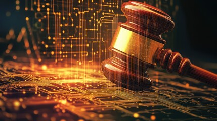 Digital Justice Gavel on Circuit Board Background