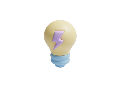 3D Pastel Yellow Light Bulb Icon With Purple Lightning Bolt Symbol On Transparent Background Represents Creativity And Innovation In A Modern Digital Style