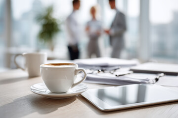 Fototapeta premium Kaffeetasse im modernen Büro – Symbol für Business-Kommunikation und Teamarbeit