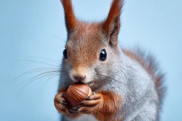 Obraz premium Close View of a Cute Squirrel Holding a Hazelnut With a Soft Blue Background During a Sunny Afternoon in a Natural Setting