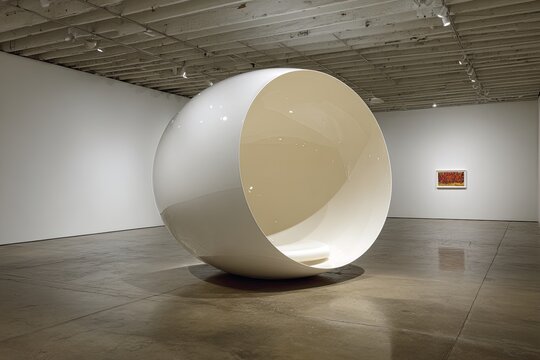 White, hollow sphere sculpture in gallery