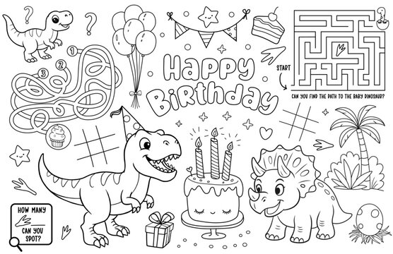 Dinosaur Birthday Activity Page for Kids &bull; Dino Party Coloring Placemat with Mazes and Games (Vector)