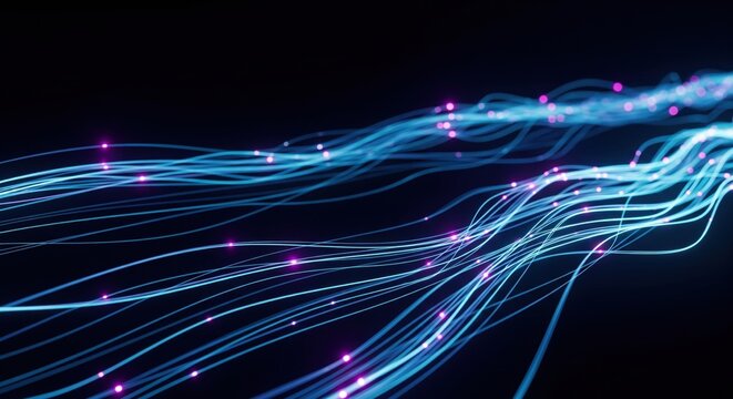 Glasfaser-Lichtspuren horizontal auf dunklem Hintergrund

