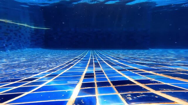 Low angle shot of the deep blue tiled floor of a swimming pool from underwater with sunlight filtering down through the surface