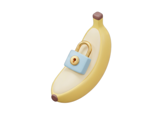 A single ripe yellow banana secured with a light blue padlock on a transparent background in a 3D isometric style representing concepts of security or protection of food resources