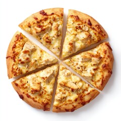 Sliced chicken pizza, golden crust, white background