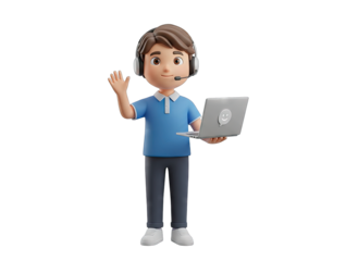 3D Male Customer Service Representative Wearing Blue Polo Shirt Holding Laptop and Waving Hand Isolated on Transparent Background