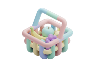 A Whimsical 3D Rendered Pastel Colored Shopping Basket Overflowing With A Selection Of Fresh Fruit Including Bananas Grapes And An Apple Against A Black Background