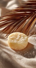 Round soap rests by brown palm leaf; shadows on beige cloth