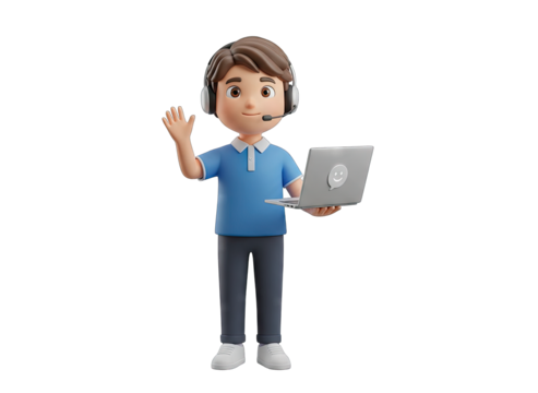 3D Male Customer Service Representative Wearing Blue Polo Shirt Holding Laptop and Waving Hand Isolated on Transparent Background