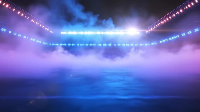 A spectacular stadium with vibrant lights sets the scene for an upcoming game, creating an exciting atmosphere. The colorful lights and fog enhance the anticipation for the game ah