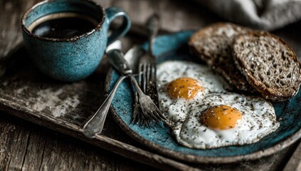 Breakfast still life eggs, toast, coffee on rustic tray