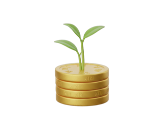 A single vibrant green plant sprouts from a stack of shiny gold coins symbolizing financial growth and prosperity in a clean isolated presentation