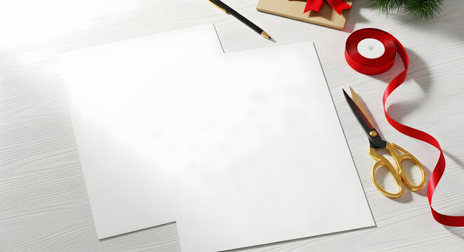 Two white paper sheets with red satin ribbon and gold scissors on bright workspace