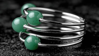 Silver wire ring entwined with glossy green beads