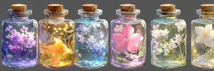 Floral elixirs Colorful flowers in bottles with corks