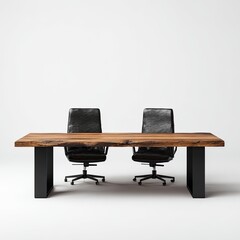 Rustic wood table, two black leather office chairs, clean backdrop