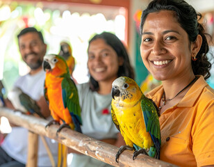 Woman smiling with colorful parrots at aviary