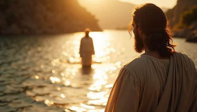 Religious figure at dawn in glistening light stands in water. Religious figure at dawn reflects spiritual concept and symbolic meaning, conveying deep faith and devotion.
