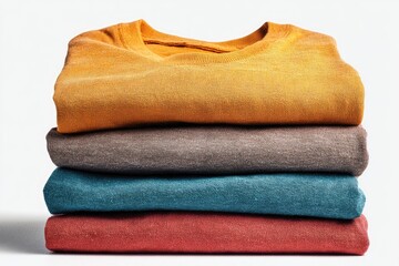 Stacked, folded crew-neck sweaters in warm, neutral hues