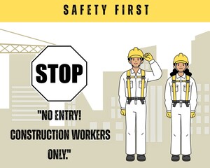 With illustrations of construction workers wearing complete PPE and a clear 