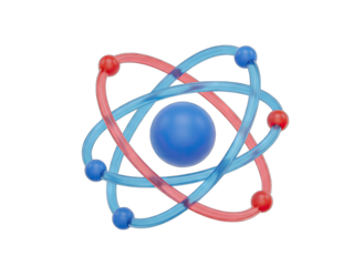 Abstract 3D Atom Model with Blue Nucleus Red and Blue Orbiting Electrons on Transparent Background